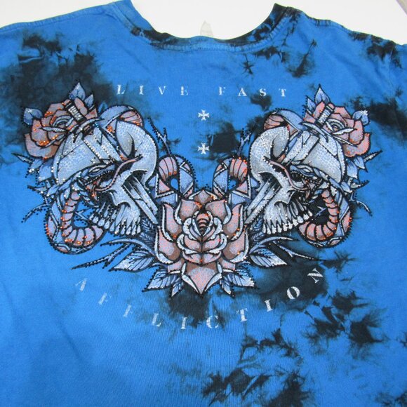 Affliction Black Label T-shirt Rhinestone Studded Skull Snake Rose Tie Dye M Y2K - Picture 2 of 10